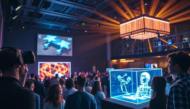A sleek, modern event venue filled with attendees engrossed in immersive experiences. In the foreground, a group of people gathered around a virtual reality display, their faces alight with wonder. In the middle ground, a holographic presentation dazzles the crowd, projecting vivid 3D imagery. The background showcases a state-of-the-art lighting system, casting a warm, atmospheric glow over the entire scene. The mood is one of excitement and innovation, capturing the essence of cutting-edge event technology at work. A sleek, modern event venue filled with attendees engrossed in immersive experiences. In the foreground, a group of people gathered around a virtual reality display, their faces alight with wonder. In the middle ground, a holographic presentation dazzles the crowd, projecting vivid 3D imagery. The background showcases a state-of-the-art lighting system, casting a warm, atmospheric glow over the entire scene. The mood is one of excitement and innovation, capturing the essence of cutting-edge event technology at work.