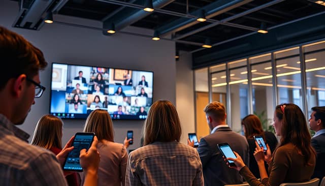 A sleek, modern office interior with a large central monitor displaying live streaming content. In the foreground, a group of people intently focused on their smartphones and tablets, representing the "second-screen strategies" for enhancing viewer engagement. The lighting is a warm, ambient glow, creating a productive yet immersive atmosphere. The overall scene conveys the seamless integration of digital platforms, fostering a collaborative and interactive live streaming experience. A sleek, modern office interior with a large central monitor displaying live streaming content. In the foreground, a group of people intently focused on their smartphones and tablets, representing the "second-screen strategies" for enhancing viewer engagement. The lighting is a warm, ambient glow, creating a productive yet immersive atmosphere. The overall scene conveys the seamless integration of digital platforms, fostering a collaborative and interactive live streaming experience.