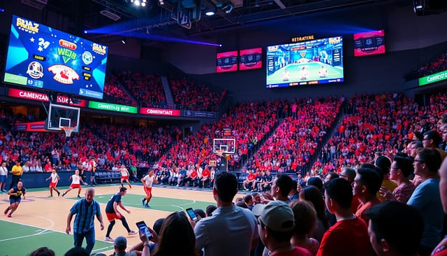 A vibrant sports arena filled with spectators, their attention captivated by a digital scoreboard showcasing interactive game elements. In the foreground, athletes compete passionately, their movements enhanced by dynamic visualizations. The middle ground features a lively crowd, their expressions animated as they engage with the gamified experience through their mobile devices. The background is illuminated by colorful lighting, creating an energetic and immersive atmosphere that celebrates the fusion of sports and technology. A vibrant sports arena filled with spectators, their attention captivated by a digital scoreboard showcasing interactive game elements. In the foreground, athletes compete passionately, their movements enhanced by dynamic visualizations. The middle ground features a lively crowd, their expressions animated as they engage with the gamified experience through their mobile devices. The background is illuminated by colorful lighting, creating an energetic and immersive atmosphere that celebrates the fusion of sports and technology.