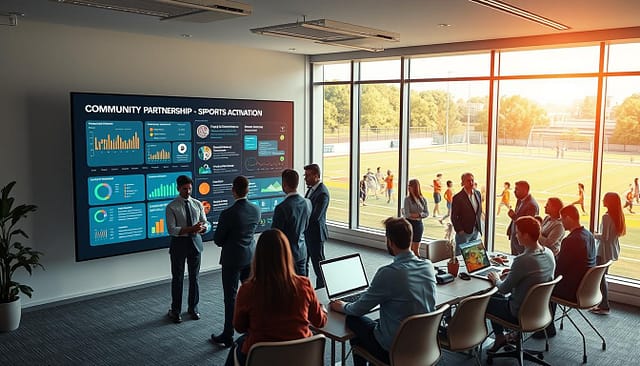 A dynamic digital workspace depicting a community partnerships platform focused on grassroots sports activation. In the foreground, a diverse group of professionals in business attire gather around a large digital screen displaying interactive data and community engagements. The middle ground features a collaborative area with laptops, charts, and sports gear, symbolizing teamwork and strategy. In the background, large windows reveal a vibrant outdoor sports field, highlighting local athletic activities. Soft, warm lighting creates an inviting atmosphere, while a wide-angle perspective emphasizes connectivity and innovation. The overall mood is upbeat and inspiring, illustrating the synergy between online platforms and community engagement. A dynamic digital workspace depicting a community partnerships platform focused on grassroots sports activation. In the foreground, a diverse group of professionals in business attire gather around a large digital screen displaying interactive data and community engagements. The middle ground features a collaborative area with laptops, charts, and sports gear, symbolizing teamwork and strategy. In the background, large windows reveal a vibrant outdoor sports field, highlighting local athletic activities. Soft, warm lighting creates an inviting atmosphere, while a wide-angle perspective emphasizes connectivity and innovation. The overall mood is upbeat and inspiring, illustrating the synergy between online platforms and community engagement.