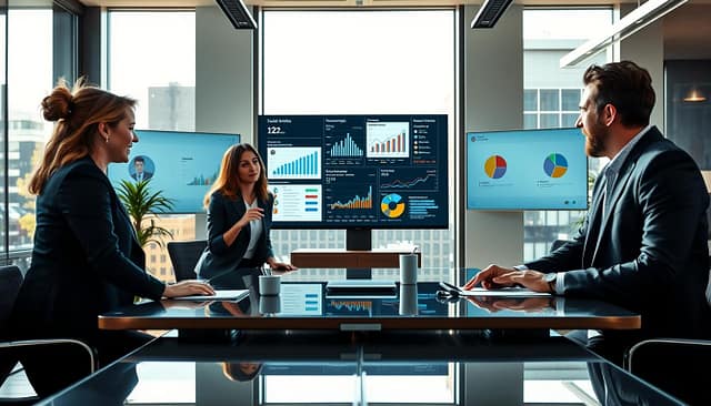 A dynamic office setting with a sleek conference table in the foreground, where a diverse group of professionals—two women and a man, all dressed in smart business attire—are engaged in an animated discussion over digital screens displaying social media metrics and influencer profiles. In the middle, a large monitor showcases graphs and charts analyzing audience engagement and influencer impact. The background features modern office decor, large windows allowing natural light to flood the space, casting soft shadows. The atmosphere is collaborative and focused, conveying a sense of strategic planning and teamwork. The sunlight gives the scene a warm, inviting feel, enhancing the mood of innovation and creativity in influencer strategy analysis. A dynamic office setting with a sleek conference table in the foreground, where a diverse group of professionals—two women and a man, all dressed in smart business attire—are engaged in an animated discussion over digital screens displaying social media metrics and influencer profiles. In the middle, a large monitor showcases graphs and charts analyzing audience engagement and influencer impact. The background features modern office decor, large windows allowing natural light to flood the space, casting soft shadows. The atmosphere is collaborative and focused, conveying a sense of strategic planning and teamwork. The sunlight gives the scene a warm, inviting feel, enhancing the mood of innovation and creativity in influencer strategy analysis.
