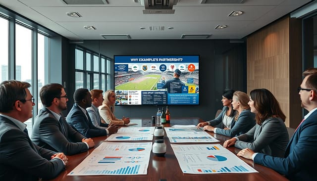 A modern conference room setting showcasing diverse professional individuals engaged in discussions about cross-sport partnerships. In the foreground, a group of men and women in professional business attire, collaborating over charts and presentations illustrating case examples of successful national and local tie-ins between various sports. In the middle, a large screen displays vibrant visuals of sporting events, logos of partnering organizations, and statistics. The background features a large window with natural light pouring in, revealing an urban skyline that hints at a bustling sporting city. The atmosphere is dynamic and collaborative, promoting innovation and teamwork, captured with a soft focus lens to give an engaging depth to the scene. A modern conference room setting showcasing diverse professional individuals engaged in discussions about cross-sport partnerships. In the foreground, a group of men and women in professional business attire, collaborating over charts and presentations illustrating case examples of successful national and local tie-ins between various sports. In the middle, a large screen displays vibrant visuals of sporting events, logos of partnering organizations, and statistics. The background features a large window with natural light pouring in, revealing an urban skyline that hints at a bustling sporting city. The atmosphere is dynamic and collaborative, promoting innovation and teamwork, captured with a soft focus lens to give an engaging depth to the scene.