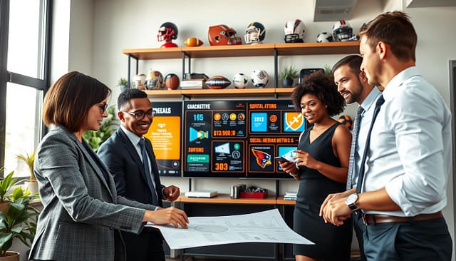 A modern office setting filled with professionals engaged in a dynamic sports promotions strategy session. In the foreground, a diverse group of four individuals dressed in business attire, including a woman with short hair in a sleek blazer, a man with glasses and a neatly tailored suit, a woman with curly hair in a smart dress, and a man with a tie, collaboratively discussing plans. The middle ground features a large digital screen displaying vibrant graphics of digital activations, social media metrics, and sports logos. In the background, shelves lined with sports memorabilia and a large window with natural light streaming in, creating an energetic and focused atmosphere. The lighting is bright but soft, emulating a productive brainstorming environment, captured from a slightly elevated angle to showcase the collaboration. A modern office setting filled with professionals engaged in a dynamic sports promotions strategy session. In the foreground, a diverse group of four individuals dressed in business attire, including a woman with short hair in a sleek blazer, a man with glasses and a neatly tailored suit, a woman with curly hair in a smart dress, and a man with a tie, collaboratively discussing plans. The middle ground features a large digital screen displaying vibrant graphics of digital activations, social media metrics, and sports logos. In the background, shelves lined with sports memorabilia and a large window with natural light streaming in, creating an energetic and focused atmosphere. The lighting is bright but soft, emulating a productive brainstorming environment, captured from a slightly elevated angle to showcase the collaboration.