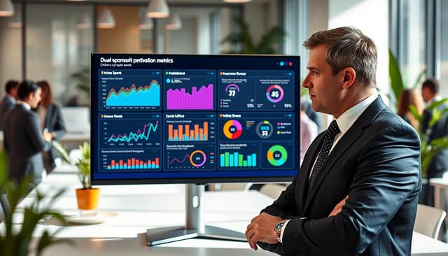 A modern sponsorship activation measurement dashboard displayed on a sleek, high-tech monitor in a bright, well-lit office setting. The dashboard features vibrant graphs and charts showing dual-channel performance metrics for online and offline sports event sponsorships. In the foreground, a professional individual in formal business attire is analyzing the data, with a focused expression. In the middle, various colorful visual data representations, like line graphs and pie charts, demonstrate engagement statistics and audience insights. The background includes soft-focus elements of a contemporary office with plants and team members collaborating. The atmosphere is dynamic and optimistic, conveying a sense of innovation and strategic planning, with soft natural lighting illuminating the scene. A modern sponsorship activation measurement dashboard displayed on a sleek, high-tech monitor in a bright, well-lit office setting. The dashboard features vibrant graphs and charts showing dual-channel performance metrics for online and offline sports event sponsorships. In the foreground, a professional individual in formal business attire is analyzing the data, with a focused expression. In the middle, various colorful visual data representations, like line graphs and pie charts, demonstrate engagement statistics and audience insights. The background includes soft-focus elements of a contemporary office with plants and team members collaborating. The atmosphere is dynamic and optimistic, conveying a sense of innovation and strategic planning, with soft natural lighting illuminating the scene.