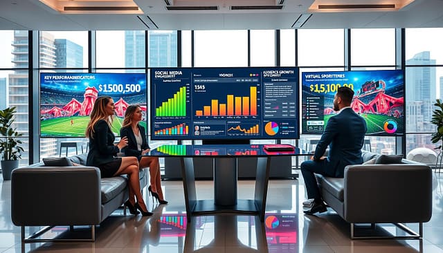 A polished, modern digital office space with sleek furniture and large screens displaying vibrant graphs and charts representing virtual sports events success metrics. In the foreground, a diverse group of four professionals—two women and two men—dressed in professional business attire, engaged in a discussion around a high-tech conference table. The middle ground features a large screen showcasing key performance indicators, social media engagement metrics, and audience growth numbers in bright colors. The background includes large windows with a cityscape view, allowing natural light to flood the room, creating a bright and optimistic atmosphere. The scene is captured with a wide-angle lens to emphasize the collaborative environment, with a focus on both the professionals and the intricate data visualizations. The mood is dynamic and inspiring, highlighting innovation and success in virtual sponsorships. A polished, modern digital office space with sleek furniture and large screens displaying vibrant graphs and charts representing virtual sports events success metrics. In the foreground, a diverse group of four professionals—two women and two men—dressed in professional business attire, engaged in a discussion around a high-tech conference table. The middle ground features a large screen showcasing key performance indicators, social media engagement metrics, and audience growth numbers in bright colors. The background includes large windows with a cityscape view, allowing natural light to flood the room, creating a bright and optimistic atmosphere. The scene is captured with a wide-angle lens to emphasize the collaborative environment, with a focus on both the professionals and the intricate data visualizations. The mood is dynamic and inspiring, highlighting innovation and success in virtual sponsorships.