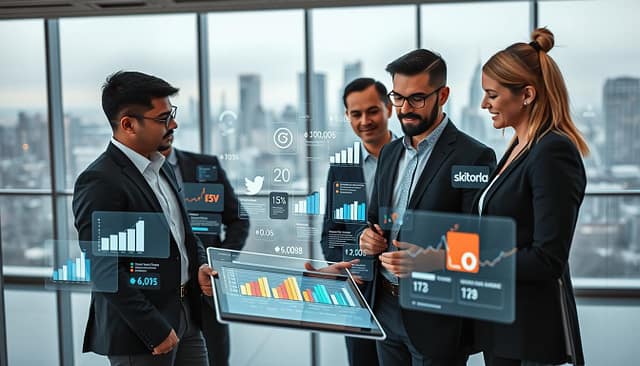 A professional workspace set in a modern digital environment showcasing data analytics for virtual event sponsorships. In the foreground, a diverse group of three individuals—two men and one woman—are engaged in discussion around a digital tablet displaying vibrant graphs and statistics. They all wear smart casual business attire. The middle ground is filled with holographic displays projecting data visualizations, social media interactions, and brand logos, conveying a sense of dynamic data flow. In the background, a sleek, tech-savvy office space with large windows showing a city skyline, under soft, diffused lighting creating a calm yet focused atmosphere. The perspective is slightly angled, allowing an expansive view of the scene, emphasizing collaboration and innovation in digital sponsorships. A professional workspace set in a modern digital environment showcasing data analytics for virtual event sponsorships. In the foreground, a diverse group of three individuals—two men and one woman—are engaged in discussion around a digital tablet displaying vibrant graphs and statistics. They all wear smart casual business attire. The middle ground is filled with holographic displays projecting data visualizations, social media interactions, and brand logos, conveying a sense of dynamic data flow. In the background, a sleek, tech-savvy office space with large windows showing a city skyline, under soft, diffused lighting creating a calm yet focused atmosphere. The perspective is slightly angled, allowing an expansive view of the scene, emphasizing collaboration and innovation in digital sponsorships.