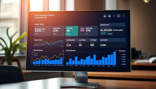 A sleek, modern online activation metrics dashboard displayed on a high-resolution computer screen, showcasing dynamic graphs and analytics related to sports event sponsorship ROI. In the foreground, vibrant line charts and bar graphs illustrate traffic, follower growth, and lead generation metrics, using bright colors to convey positive outcomes. The middle section features a clean interface with intuitive navigation elements and visual representations of data points. The background is softly blurred, hinting at an office environment with a hint of daylight filtering through a window, creating a professional yet engaging atmosphere. The lighting is bright and focused on the screen, highlighting the importance of the data presented, with a shallow depth of field that draws attention to the dashboard elements. A sleek, modern online activation metrics dashboard displayed on a high-resolution computer screen, showcasing dynamic graphs and analytics related to sports event sponsorship ROI. In the foreground, vibrant line charts and bar graphs illustrate traffic, follower growth, and lead generation metrics, using bright colors to convey positive outcomes. The middle section features a clean interface with intuitive navigation elements and visual representations of data points. The background is softly blurred, hinting at an office environment with a hint of daylight filtering through a window, creating a professional yet engaging atmosphere. The lighting is bright and focused on the screen, highlighting the importance of the data presented, with a shallow depth of field that draws attention to the dashboard elements.