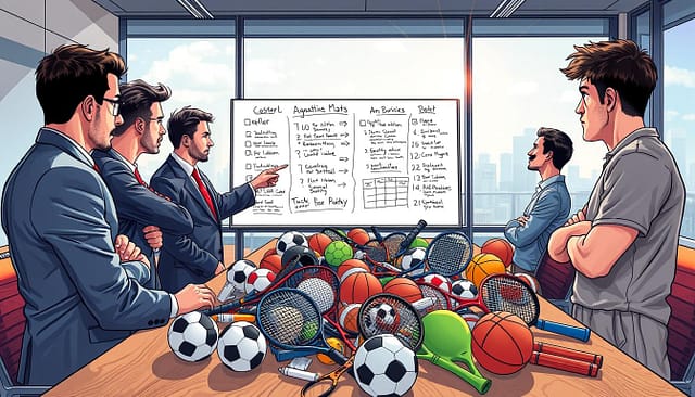 A vibrant and thought-provoking illustration depicting cross-sport strategy mistakes. In the foreground, show two professional sports teams in a meeting room, deeply engaged in discussions. One team member, dressed in a smart suit, points at a whiteboard filled with mismatched strategies and cross-sport tactics. In the middle ground, a large table cluttered with sports equipment from various disciplines—soccer balls, tennis rackets, and basketballs—symbolizing the collaborative yet chaotic approach. The background features a large window with sunlight streaming in, highlighting a city skyline, creating a dynamic and energetic atmosphere. Use a wide-angle lens to capture the teamwork essence and focus on the expressions of contemplation and concern among the team members. The overall mood should convey both the challenges and potential of collaboration. A vibrant and thought-provoking illustration depicting cross-sport strategy mistakes. In the foreground, show two professional sports teams in a meeting room, deeply engaged in discussions. One team member, dressed in a smart suit, points at a whiteboard filled with mismatched strategies and cross-sport tactics. In the middle ground, a large table cluttered with sports equipment from various disciplines—soccer balls, tennis rackets, and basketballs—symbolizing the collaborative yet chaotic approach. The background features a large window with sunlight streaming in, highlighting a city skyline, creating a dynamic and energetic atmosphere. Use a wide-angle lens to capture the teamwork essence and focus on the expressions of contemplation and concern among the team members. The overall mood should convey both the challenges and potential of collaboration.