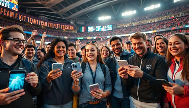 A vibrant, dynamic scene capturing a diverse group of enthusiastic fans engaging with their favorite sports team through interactive social media activities. In the foreground, a group of individuals of various ages and ethnicities, dressed in smart casual sports attire, eagerly participate in a live streaming event, showcasing large mobile devices with social media apps open. The middle ground features a festive atmosphere with colorful banners and digital screens displaying fan-generated content, while in the background, a crowded stadium is illuminated by bright lights, adding to the excitement. The angle is slightly elevated, providing a sense of immersion. The mood is energetic and inviting, with a warm golden hour light that enhances the overall atmosphere of camaraderie and passion for sports. A vibrant, dynamic scene capturing a diverse group of enthusiastic fans engaging with their favorite sports team through interactive social media activities. In the foreground, a group of individuals of various ages and ethnicities, dressed in smart casual sports attire, eagerly participate in a live streaming event, showcasing large mobile devices with social media apps open. The middle ground features a festive atmosphere with colorful banners and digital screens displaying fan-generated content, while in the background, a crowded stadium is illuminated by bright lights, adding to the excitement. The angle is slightly elevated, providing a sense of immersion. The mood is energetic and inviting, with a warm golden hour light that enhances the overall atmosphere of camaraderie and passion for sports.