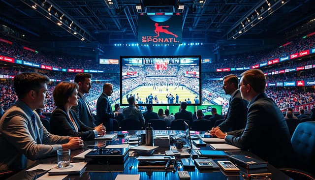 A visual representation of digital sponsorship activation pitfalls in a sports context, emphasizing challenges faced by brands and partners. In the foreground, a diverse group of marketing professionals dressed in smart business attire, discussing strategies at a sleek table cluttered with digital devices displaying analytics and social media feeds. In the middle, a large screen showcases a flashy digital activation gone wrong, with chaotic visuals and frustrated fan reactions. The background features a high-energy sports environment, such as a stadium or vibrant online gaming arena, filled with digital banners and logos. The lighting is dynamic, highlighting the tension and urgency of the situation, with blue and red tones reflecting the competitive nature of sports marketing. The overall atmosphere conveys a sense of awareness and critical evaluation of common pitfalls while formulating effective digital strategies. A visual representation of digital sponsorship activation pitfalls in a sports context, emphasizing challenges faced by brands and partners. In the foreground, a diverse group of marketing professionals dressed in smart business attire, discussing strategies at a sleek table cluttered with digital devices displaying analytics and social media feeds. In the middle, a large screen showcases a flashy digital activation gone wrong, with chaotic visuals and frustrated fan reactions. The background features a high-energy sports environment, such as a stadium or vibrant online gaming arena, filled with digital banners and logos. The lighting is dynamic, highlighting the tension and urgency of the situation, with blue and red tones reflecting the competitive nature of sports marketing. The overall atmosphere conveys a sense of awareness and critical evaluation of common pitfalls while formulating effective digital strategies.