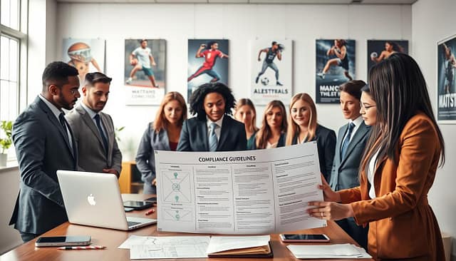 A well-organized office environment featuring a group of professional individuals, both male and female, dressed in business attire. In the foreground, a diverse team is collaboratively reviewing a large document labeled "Athlete Ambassadors Compliance Guidelines", showcasing diagrams and bullet points. The middle layer includes a conference table with laptops, tablets, and compliance-related materials scattered around. In the background, walls adorned with motivational sports posters and a large window letting in soft, natural light create an inviting atmosphere. The scene has a bright and professional ambiance, symbolizing teamwork and adherence to guidelines, with a slight focus on collaboration and responsibility in sports marketing partnerships. The image should convey a sense of seriousness and commitment to compliance without any distractions or text elements. A well-organized office environment featuring a group of professional individuals, both male and female, dressed in business attire. In the foreground, a diverse team is collaboratively reviewing a large document labeled "Athlete Ambassadors Compliance Guidelines", showcasing diagrams and bullet points. The middle layer includes a conference table with laptops, tablets, and compliance-related materials scattered around. In the background, walls adorned with motivational sports posters and a large window letting in soft, natural light create an inviting atmosphere. The scene has a bright and professional ambiance, symbolizing teamwork and adherence to guidelines, with a slight focus on collaboration and responsibility in sports marketing partnerships. The image should convey a sense of seriousness and commitment to compliance without any distractions or text elements.