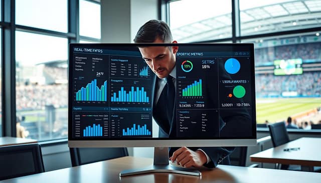 A dynamic sports event metrics dashboard displayed on a sleek, modern computer screen in a well-lit office environment. In the foreground, graphs and charts showcasing real-time data analytics, with vibrant colors like blue and green to depict various KPIs, including attendance, engagement, and social media interactions. The middle layer features a focused professional in a sharp business suit, intently analyzing the dashboard, with a look of concentration. In the background, large windows flood the space with natural light, reflecting a bustling sports venue outside. The atmosphere is one of urgency and excitement, emphasizing the importance of real-time data in making strategic decisions during the event. The image should capture a high-resolution, realistic look, as if viewed through a wide-angle lens. A dynamic sports event metrics dashboard displayed on a sleek, modern computer screen in a well-lit office environment. In the foreground, graphs and charts showcasing real-time data analytics, with vibrant colors like blue and green to depict various KPIs, including attendance, engagement, and social media interactions. The middle layer features a focused professional in a sharp business suit, intently analyzing the dashboard, with a look of concentration. In the background, large windows flood the space with natural light, reflecting a bustling sports venue outside. The atmosphere is one of urgency and excitement, emphasizing the importance of real-time data in making strategic decisions during the event. The image should capture a high-resolution, realistic look, as if viewed through a wide-angle lens.