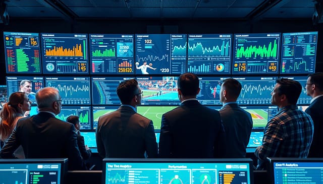 A high-tech sports event technology dashboard set in a modern control room, showcasing multiple large screens displaying live analytics, player statistics, and performance metrics. In the foreground, a diverse team of professionals in smart business attire, intently analyzing data and discussing strategies. The middle features sleek, high-resolution monitors with rich graphs and charts, illuminated by soft blue and green ambient lighting to create a high-energy atmosphere. The background reveals a panoramic view of an illuminated stadium, hinting at the live event happening outside. The scene captures a sense of urgency and collaboration, emphasizing the importance of real-time data in sports optimization. The angle is slightly elevated, providing a comprehensive view of the dashboard and team engaged in dynamic discussion. A high-tech sports event technology dashboard set in a modern control room, showcasing multiple large screens displaying live analytics, player statistics, and performance metrics. In the foreground, a diverse team of professionals in smart business attire, intently analyzing data and discussing strategies. The middle features sleek, high-resolution monitors with rich graphs and charts, illuminated by soft blue and green ambient lighting to create a high-energy atmosphere. The background reveals a panoramic view of an illuminated stadium, hinting at the live event happening outside. The scene captures a sense of urgency and collaboration, emphasizing the importance of real-time data in sports optimization. The angle is slightly elevated, providing a comprehensive view of the dashboard and team engaged in dynamic discussion.