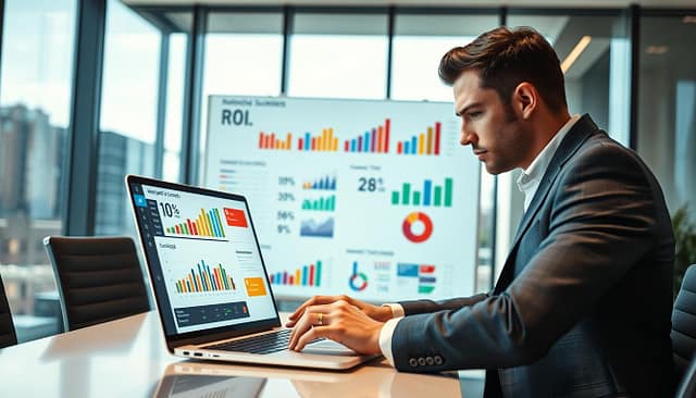 A professional digital marketing strategist evaluating ROI on a sleek laptop computer in a modern office space. In the foreground, the strategist, dressed in a smart business suit, furrows their brow while analyzing vibrant graphs and charts displayed on the screen. In the middle, a large digital whiteboard behind them showcases a variety of performance metrics, such as conversion rates and campaign success rates, represented by colorful bar graphs and pie charts. The background features a glass wall with a cityscape view, allowing natural light to flood the room, creating an atmosphere of focus and productivity. The lighting is bright yet soft, enhancing the modern feel of the workspace while emphasizing the strategist's deep concentration on the digital analytics at hand. A professional digital marketing strategist evaluating ROI on a sleek laptop computer in a modern office space. In the foreground, the strategist, dressed in a smart business suit, furrows their brow while analyzing vibrant graphs and charts displayed on the screen. In the middle, a large digital whiteboard behind them showcases a variety of performance metrics, such as conversion rates and campaign success rates, represented by colorful bar graphs and pie charts. The background features a glass wall with a cityscape view, allowing natural light to flood the room, creating an atmosphere of focus and productivity. The lighting is bright yet soft, enhancing the modern feel of the workspace while emphasizing the strategist's deep concentration on the digital analytics at hand.