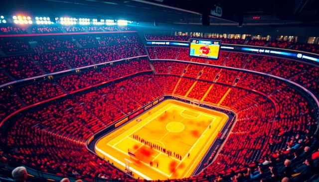 A vibrant heat map visualization showcasing audience flow during a live sports event. In the foreground, bold color gradients represent varying levels of audience density, with warm reds and yellows indicating crowded areas and cooler blues for less populated sections. The middle layer features a detailed stadium layout, complete with sections labeled for different audience areas. In the background, a dimly lit arena captures the excitement of the live event, with blurred silhouettes of cheering spectators in semi-professional attire. Utilize a top-down perspective, with soft ambient lighting accentuating the heat map's colors, creating a dynamic and engaging atmosphere that conveys real-time analytics in action. A vibrant heat map visualization showcasing audience flow during a live sports event. In the foreground, bold color gradients represent varying levels of audience density, with warm reds and yellows indicating crowded areas and cooler blues for less populated sections. The middle layer features a detailed stadium layout, complete with sections labeled for different audience areas. In the background, a dimly lit arena captures the excitement of the live event, with blurred silhouettes of cheering spectators in semi-professional attire. Utilize a top-down perspective, with soft ambient lighting accentuating the heat map's colors, creating a dynamic and engaging atmosphere that conveys real-time analytics in action.