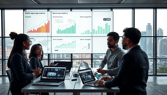 A modern office environment with a large digital screen displaying analytical graphs and charts depicting mobile app usage analytics for sports audience engagement. In the foreground, a diverse group of three professionals, a Black woman and an Asian man in business casual attire, are discussing the data with focused expressions. In the middle ground, sleek workstations with laptops and mobile devices show app interfaces filled with colorful data visualizations. The background features a panoramic window overlooking a vibrant city skyline, with natural light flooding the room, creating an inspiring and collaborative atmosphere. Soft shadows accentuate the scene, emphasizing the focus on the analytical data and the engaged professionals. The overall mood is one of innovation and teamwork in the realm of sports analytics. A modern office environment with a large digital screen displaying analytical graphs and charts depicting mobile app usage analytics for sports audience engagement. In the foreground, a diverse group of three professionals, a Black woman and an Asian man in business casual attire, are discussing the data with focused expressions. In the middle ground, sleek workstations with laptops and mobile devices show app interfaces filled with colorful data visualizations. The background features a panoramic window overlooking a vibrant city skyline, with natural light flooding the room, creating an inspiring and collaborative atmosphere. Soft shadows accentuate the scene, emphasizing the focus on the analytical data and the engaged professionals. The overall mood is one of innovation and teamwork in the realm of sports analytics.