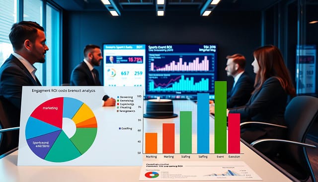 A professional and analytical visualization of engagement ROI cost analysis. In the foreground, display a detailed pie chart and bar graph, showcasing various cost components like marketing, staffing, and event execution. Use vibrant colors with clear distinctions between categories. In the middle, place a sleek, modern conference table with business professionals in professional attire discussing statistics, their expressions focused and engaged. The background features a large digital screen displaying dynamic graphs and metrics related to sports event ROI, illuminated with soft blue lighting for a tech-savvy atmosphere. Capture the scene from a slightly elevated angle, enhancing the sense of discussion and analysis in a contemporary office setting. The overall mood should be serious yet optimistic, reflecting a data-driven approach to decision-making. A professional and analytical visualization of engagement ROI cost analysis. In the foreground, display a detailed pie chart and bar graph, showcasing various cost components like marketing, staffing, and event execution. Use vibrant colors with clear distinctions between categories. In the middle, place a sleek, modern conference table with business professionals in professional attire discussing statistics, their expressions focused and engaged. The background features a large digital screen displaying dynamic graphs and metrics related to sports event ROI, illuminated with soft blue lighting for a tech-savvy atmosphere. Capture the scene from a slightly elevated angle, enhancing the sense of discussion and analysis in a contemporary office setting. The overall mood should be serious yet optimistic, reflecting a data-driven approach to decision-making.