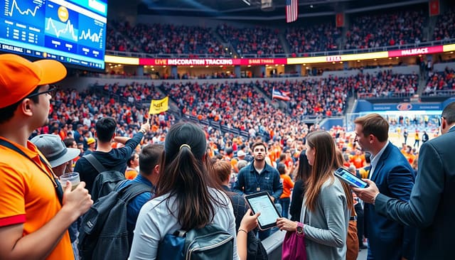 A vibrant sports arena scene showcasing fans engaging in various activities, emphasizing in-venue behavior tracking. In the foreground, a diverse group of fans in casual sports attire is gathered around a large digital screen showing live analytics and real-time tracking of crowd flow. In the middle ground, staff members in professional attire are analyzing data on tablets, discussing insights with excitement. The background captures a bustling crowd of enthusiastic sports fans, with colorful banners and team flags waving. The arena is illuminated with dynamic lighting, enhancing the electric atmosphere. The angle is slightly elevated, providing a panoramic view of the event, conveying energy and engagement. The overall mood is lively, focused on the intersection of sports culture and technology in enhancing audience experiences. A vibrant sports arena scene showcasing fans engaging in various activities, emphasizing in-venue behavior tracking. In the foreground, a diverse group of fans in casual sports attire is gathered around a large digital screen showing live analytics and real-time tracking of crowd flow. In the middle ground, staff members in professional attire are analyzing data on tablets, discussing insights with excitement. The background captures a bustling crowd of enthusiastic sports fans, with colorful banners and team flags waving. The arena is illuminated with dynamic lighting, enhancing the electric atmosphere. The angle is slightly elevated, providing a panoramic view of the event, conveying energy and engagement. The overall mood is lively, focused on the intersection of sports culture and technology in enhancing audience experiences.