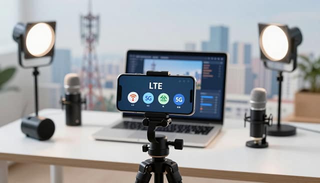 A dynamic illustration of cellular bonding for live streaming, showcasing a modern tech setup in a bright, well-lit environment. In the foreground, depict a sleek smartphone mounted on a professional tripod, with visible icons representing LTE and 5G connectivity. The middle ground features a laptop displaying live streaming software, surrounded by high-quality streaming gear like microphones and portable lights. In the background, include a blurred cityscape that suggests an urban environment with visible cellular towers reflecting advanced network technology. Use soft, diffused lighting to create a professional, energetic atmosphere, while maintaining a focus on connectivity elements. Capture this scene from a slightly elevated angle, enhancing the sense of innovation and technical sophistication in mobile live streaming. A dynamic illustration of cellular bonding for live streaming, showcasing a modern tech setup in a bright, well-lit environment. In the foreground, depict a sleek smartphone mounted on a professional tripod, with visible icons representing LTE and 5G connectivity. The middle ground features a laptop displaying live streaming software, surrounded by high-quality streaming gear like microphones and portable lights. In the background, include a blurred cityscape that suggests an urban environment with visible cellular towers reflecting advanced network technology. Use soft, diffused lighting to create a professional, energetic atmosphere, while maintaining a focus on connectivity elements. Capture this scene from a slightly elevated angle, enhancing the sense of innovation and technical sophistication in mobile live streaming.