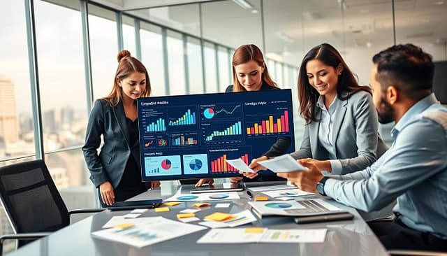 A dynamic office workspace featuring a diverse group of professionals engaged in a strategic planning session. In the foreground, three business individuals—two women and one man—are examining charts and graphs on a sleek, modern table. They are dressed in professional business attire and displaying focused expressions. In the middle ground, a large digital screen showcases colorful data visualizations and competitor analysis metrics, while post-it notes and print-outs litter the table, suggesting active brainstorming. The background contains glass partitions, with a city skyline visible through them, indicating a vibrant corporate environment. Soft, warm lighting illuminates the scene, creating an atmosphere of collaboration and urgency. The angle is slightly elevated, capturing both the participants and the digital data prominently, evoking a sense of insight and strategic thinking. A dynamic office workspace featuring a diverse group of professionals engaged in a strategic planning session. In the foreground, three business individuals—two women and one man—are examining charts and graphs on a sleek, modern table. They are dressed in professional business attire and displaying focused expressions. In the middle ground, a large digital screen showcases colorful data visualizations and competitor analysis metrics, while post-it notes and print-outs litter the table, suggesting active brainstorming. The background contains glass partitions, with a city skyline visible through them, indicating a vibrant corporate environment. Soft, warm lighting illuminates the scene, creating an atmosphere of collaboration and urgency. The angle is slightly elevated, capturing both the participants and the digital data prominently, evoking a sense of insight and strategic thinking.