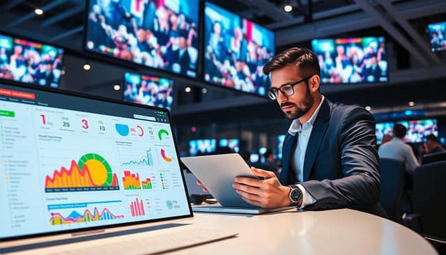 A high-tech live streaming analytics dashboard displaying various digital event metrics. In the foreground, the dashboard features colorful, interactive graphs and charts, clearly showing viewer engagement statistics, attendee demographics, and real-time audience interactions. In the middle ground, a professional business analyst in smart casual attire, intently reviewing the data on a sleek laptop, with oscillating LED lights illuminating the workspace. The background is a modern office environment adorned with digital screens showcasing the streaming event, creating a sense of innovation and technology. The lighting is bright and focused, enhancing the vibrant colors of the dashboard while casting subtle shadows. The overall atmosphere feels dynamic and engaging, capturing the essence of digital analytics in action. A high-tech live streaming analytics dashboard displaying various digital event metrics. In the foreground, the dashboard features colorful, interactive graphs and charts, clearly showing viewer engagement statistics, attendee demographics, and real-time audience interactions. In the middle ground, a professional business analyst in smart casual attire, intently reviewing the data on a sleek laptop, with oscillating LED lights illuminating the workspace. The background is a modern office environment adorned with digital screens showcasing the streaming event, creating a sense of innovation and technology. The lighting is bright and focused, enhancing the vibrant colors of the dashboard while casting subtle shadows. The overall atmosphere feels dynamic and engaging, capturing the essence of digital analytics in action.