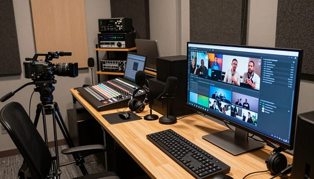 A modern cloud studio remote production setup featuring a sleek, organized workspace. In the foreground, a large monitor displays a multistream interface with various streaming platforms visible. To its left, a professional-grade camera is mounted on a tripod, focused on an empty chair symbolizing a host. In the middle ground, a mixing console with colorful buttons is surrounded by high-quality microphones and headsets. The background features a wall adorned with acoustic panels, and shelves stacked with technical equipment like encoders and laptops. Soft, warm lighting creates a collaborative and professional atmosphere, highlighting the high-tech elements. The image should be captured from a slightly elevated angle to provide depth and clarity. A modern cloud studio remote production setup featuring a sleek, organized workspace. In the foreground, a large monitor displays a multistream interface with various streaming platforms visible. To its left, a professional-grade camera is mounted on a tripod, focused on an empty chair symbolizing a host. In the middle ground, a mixing console with colorful buttons is surrounded by high-quality microphones and headsets. The background features a wall adorned with acoustic panels, and shelves stacked with technical equipment like encoders and laptops. Soft, warm lighting creates a collaborative and professional atmosphere, highlighting the high-tech elements. The image should be captured from a slightly elevated angle to provide depth and clarity.