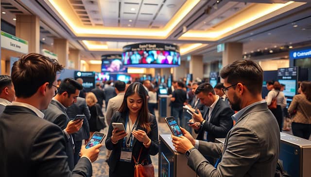 A modern event technology scene showcasing digital ticketing and access management. In the foreground, a diverse group of attendees in professional business attire scan digital tickets on their smartphones at an entrance with a sleek, high-tech gate. The middle ground features an engaging display of digital signage showing vibrant visuals about the event. In the background, a bustling convention center or conference hall with people interacting with kiosks and tablets, all under bright, ambient lighting that creates a welcoming atmosphere. Use a wide-angle lens perspective to capture the energy and innovation of the digital experience at a modern event. The overall mood should convey excitement and efficiency, highlighting the seamless integration of technology in event access. A modern event technology scene showcasing digital ticketing and access management. In the foreground, a diverse group of attendees in professional business attire scan digital tickets on their smartphones at an entrance with a sleek, high-tech gate. The middle ground features an engaging display of digital signage showing vibrant visuals about the event. In the background, a bustling convention center or conference hall with people interacting with kiosks and tablets, all under bright, ambient lighting that creates a welcoming atmosphere. Use a wide-angle lens perspective to capture the energy and innovation of the digital experience at a modern event. The overall mood should convey excitement and efficiency, highlighting the seamless integration of technology in event access.