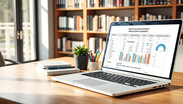 A neatly organized workspace showcasing a professional document titled "Best Practice Documentation" on a wooden desk. The foreground features a modern laptop open to a spreadsheet comparing metrics of event competitors, with charts and graphs displayed prominently. A pair of neatly arranged notebooks and a colorful pen set are beside the laptop. In the middle, a potted plant adds a touch of greenery, symbolizing growth and strategy. In the background, a soft-focused bookshelf filled with industry-related books creates a sophisticated atmosphere. The lighting is bright and natural, streaming in from a nearby window, casting gentle shadows for depth. The mood is focused and professional, reflecting the importance of diligent analysis in competitive event strategy. A neatly organized workspace showcasing a professional document titled "Best Practice Documentation" on a wooden desk. The foreground features a modern laptop open to a spreadsheet comparing metrics of event competitors, with charts and graphs displayed prominently. A pair of neatly arranged notebooks and a colorful pen set are beside the laptop. In the middle, a potted plant adds a touch of greenery, symbolizing growth and strategy. In the background, a soft-focused bookshelf filled with industry-related books creates a sophisticated atmosphere. The lighting is bright and natural, streaming in from a nearby window, casting gentle shadows for depth. The mood is focused and professional, reflecting the importance of diligent analysis in competitive event strategy.