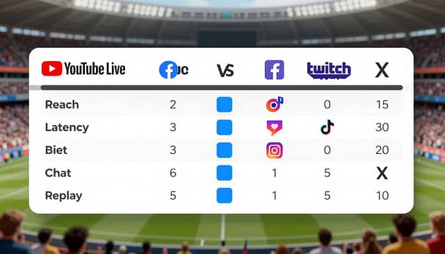 A professional, sleek comparison table illustrating live sports broadcasting platforms, featuring YouTube Live, Facebook Live, Twitch, Instagram/TikTok Live, and X. The table is set in a clean, modern design with distinct sections for key metrics: reach, latency, bitrate, chat features, and replay options. In the foreground, crisp columns are highlighted with vibrant icons representing each platform. The middle layer includes subtle shadows for depth, while the background is a blurred sports stadium filled with fans, evoking excitement. Soft, even lighting enhances the table's details, captured from a slight overhead angle to provide clarity. The atmosphere is informative and engaging, suitable for a professional audience looking to compare these platforms visually. A professional, sleek comparison table illustrating live sports broadcasting platforms, featuring YouTube Live, Facebook Live, Twitch, Instagram/TikTok Live, and X. The table is set in a clean, modern design with distinct sections for key metrics: reach, latency, bitrate, chat features, and replay options. In the foreground, crisp columns are highlighted with vibrant icons representing each platform. The middle layer includes subtle shadows for depth, while the background is a blurred sports stadium filled with fans, evoking excitement. Soft, even lighting enhances the table's details, captured from a slight overhead angle to provide clarity. The atmosphere is informative and engaging, suitable for a professional audience looking to compare these platforms visually.
