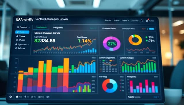 A sleek and modern analytics dashboard displaying content engagement signals, prominently featuring multi-colored graphs and dynamic charts representing data metrics like views, shares, and engagement rates. In the foreground, interactive data elements light up with vivid colors, while the middle ground includes an array of user-friendly visualization tools, such as pie charts and line graphs. The background fades into a blurred office environment, suggesting a high-tech workspace. Soft, diffused lighting enhances the professionalism of the scene, with a slight overhead light casting gentle shadows for depth. The overall mood should convey insightfulness and efficiency, capturing the essence of sports marketing analytics in a clean, sophisticated style. No human figures are present, focusing solely on the dashboard interface. A sleek and modern analytics dashboard displaying content engagement signals, prominently featuring multi-colored graphs and dynamic charts representing data metrics like views, shares, and engagement rates. In the foreground, interactive data elements light up with vivid colors, while the middle ground includes an array of user-friendly visualization tools, such as pie charts and line graphs. The background fades into a blurred office environment, suggesting a high-tech workspace. Soft, diffused lighting enhances the professionalism of the scene, with a slight overhead light casting gentle shadows for depth. The overall mood should convey insightfulness and efficiency, capturing the essence of sports marketing analytics in a clean, sophisticated style. No human figures are present, focusing solely on the dashboard interface.