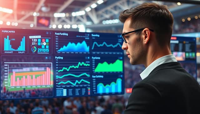 A sleek and modern sports event forecasting data analysis dashboard, featuring vibrant visualizations such as bar graphs, line charts, and heat maps. In the foreground, a professional analyst in smart business attire is intently observing the data, focusing on key metrics for attendance prediction models. The middle ground displays interactive elements with glowing data points and dynamic graphs in shades of blue and green. The background features a blurred image of a lively sports stadium filled with fans, symbolizing the excitement of the event. The lighting should be bright and focused on the dashboard, creating a high-tech atmosphere. A slight depth of field effect enhances the focus on the dashboard, giving a sense of professionalism and innovation in sports analytics. A sleek and modern sports event forecasting data analysis dashboard, featuring vibrant visualizations such as bar graphs, line charts, and heat maps. In the foreground, a professional analyst in smart business attire is intently observing the data, focusing on key metrics for attendance prediction models. The middle ground displays interactive elements with glowing data points and dynamic graphs in shades of blue and green. The background features a blurred image of a lively sports stadium filled with fans, symbolizing the excitement of the event. The lighting should be bright and focused on the dashboard, creating a high-tech atmosphere. A slight depth of field effect enhances the focus on the dashboard, giving a sense of professionalism and innovation in sports analytics.