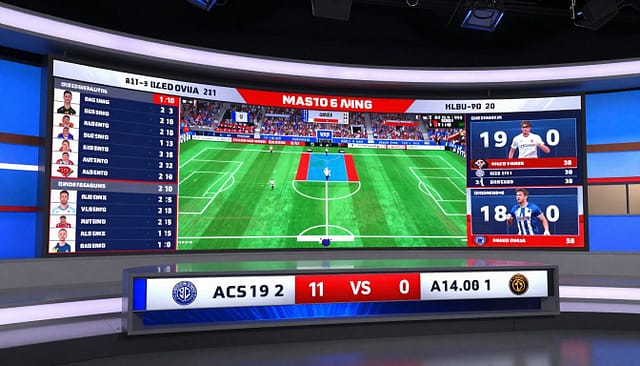 A vibrant and dynamic sports broadcast scene featuring sleek graphics overlays showcasing live scores and statistics. In the foreground, present a digital scoreboard animated with a bright color palette, displaying team logos and a running score. The middle ground should include stylized graphic elements representing player stats, game highlights, and key moments, arranged in an engaging layout. In the background, depict a modern sports studio with subtle lighting that emphasizes the high-tech atmosphere. Use a low-angle perspective to create a dramatic effect, highlighting the intricacy of the graphics. The scene should evoke excitement and energy, reflecting the intensity of live sports, while maintaining a polished, professional appearance. A vibrant and dynamic sports broadcast scene featuring sleek graphics overlays showcasing live scores and statistics. In the foreground, present a digital scoreboard animated with a bright color palette, displaying team logos and a running score. The middle ground should include stylized graphic elements representing player stats, game highlights, and key moments, arranged in an engaging layout. In the background, depict a modern sports studio with subtle lighting that emphasizes the high-tech atmosphere. Use a low-angle perspective to create a dramatic effect, highlighting the intricacy of the graphics. The scene should evoke excitement and energy, reflecting the intensity of live sports, while maintaining a polished, professional appearance.