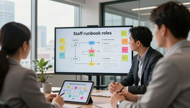 A modern office environment illustrating a collaborative team meeting focused on "Staff runbook roles." In the foreground, a group of three professionals in business attire, one woman and two men, are deeply engaged in discussion, with a digital tablet displaying workflow diagrams. In the middle, a large interactive board features organized charts detailing roles, communication ladders, and crisis management protocols, surrounded by colorful sticky notes. The background contains glass windows showing a city skyline, with warm daylight streaming in, creating an optimistic atmosphere. The lens perspective is slightly angled, emphasizing both the board and the engaged team, capturing a dynamic and productive mood essential for strategic planning and teamwork. A modern office environment illustrating a collaborative team meeting focused on "Staff runbook roles." In the foreground, a group of three professionals in business attire, one woman and two men, are deeply engaged in discussion, with a digital tablet displaying workflow diagrams. In the middle, a large interactive board features organized charts detailing roles, communication ladders, and crisis management protocols, surrounded by colorful sticky notes. The background contains glass windows showing a city skyline, with warm daylight streaming in, creating an optimistic atmosphere. The lens perspective is slightly angled, emphasizing both the board and the engaged team, capturing a dynamic and productive mood essential for strategic planning and teamwork.