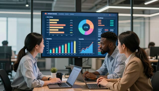A professional office environment with a sleek, modern aesthetic, featuring a large screen displaying analytics dashboards. In the foreground, a diverse group of three business professionals—one woman of Asian descent, one Black man, and one Hispanic woman—are attentively analyzing performance graphs depicting DAU, MAU lifts, CTR, and churn rates. They are dressed in smart casual attire, with focused expressions. In the middle ground, a large digital screen shows colorful graphs and charts, utilizing distinct colors to represent different user segments. The background reveals a spacious, well-lit office with glass walls, soft natural lighting filtering through. The overall mood is analytical and collaborative, emphasizing teamwork in the data-driven decision-making process. A professional office environment with a sleek, modern aesthetic, featuring a large screen displaying analytics dashboards. In the foreground, a diverse group of three business professionals—one woman of Asian descent, one Black man, and one Hispanic woman—are attentively analyzing performance graphs depicting DAU, MAU lifts, CTR, and churn rates. They are dressed in smart casual attire, with focused expressions. In the middle ground, a large digital screen shows colorful graphs and charts, utilizing distinct colors to represent different user segments. The background reveals a spacious, well-lit office with glass walls, soft natural lighting filtering through. The overall mood is analytical and collaborative, emphasizing teamwork in the data-driven decision-making process.