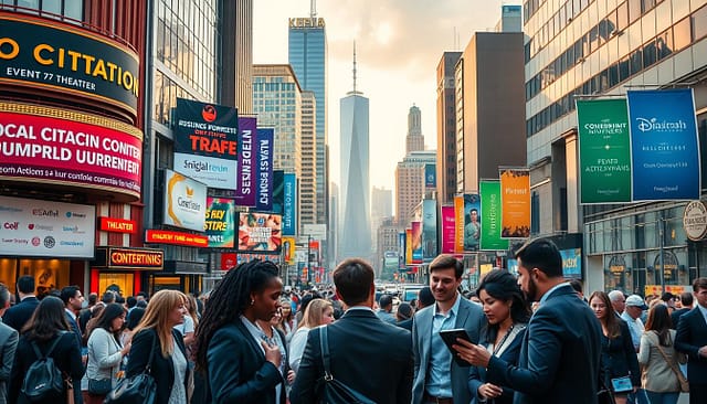 A bustling urban scene showcasing a variety of event venues, such as theaters, conference centers, and outdoor spaces, each adorned with local citation information. In the foreground, a diverse group of professionals in business attire consults a digital tablet, discussing event details. The middle ground features colorful banners and posters with logos represented by local media and partners. In the background, the skyline of a vibrant city is visible, bathed in warm, golden hour light that creates an inviting atmosphere. The image captures a sense of collaboration and community engagement, highlighting the importance of local partnerships for event success. Use a wide-angle lens for depth and clarity, ensuring a dynamic composition. A bustling urban scene showcasing a variety of event venues, such as theaters, conference centers, and outdoor spaces, each adorned with local citation information. In the foreground, a diverse group of professionals in business attire consults a digital tablet, discussing event details. The middle ground features colorful banners and posters with logos represented by local media and partners. In the background, the skyline of a vibrant city is visible, bathed in warm, golden hour light that creates an inviting atmosphere. The image captures a sense of collaboration and community engagement, highlighting the importance of local partnerships for event success. Use a wide-angle lens for depth and clarity, ensuring a dynamic composition.