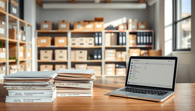 A clean and organized storage room focused on the takedown process of digital content. In the foreground, there is a wooden table with neatly stacked folders labeled with metadata information, rights expiry dates, and creator contact logs. In the middle ground, multiple shelves display various storage boxes and binders clearly marked for easy access, all arranged systematically. A laptop sits open, showing a search interface with metadata fields visible. The background features a well-lit space with large windows allowing natural sunlight to illuminate the room, casting gentle shadows. The atmosphere is professional and inviting, emphasizing efficiency and order. The scene has a slight depth of field, creating a contemporary office environment that conveys a sense of trust and responsibility in managing user-generated content safely. A clean and organized storage room focused on the takedown process of digital content. In the foreground, there is a wooden table with neatly stacked folders labeled with metadata information, rights expiry dates, and creator contact logs. In the middle ground, multiple shelves display various storage boxes and binders clearly marked for easy access, all arranged systematically. A laptop sits open, showing a search interface with metadata fields visible. The background features a well-lit space with large windows allowing natural sunlight to illuminate the room, casting gentle shadows. The atmosphere is professional and inviting, emphasizing efficiency and order. The scene has a slight depth of field, creating a contemporary office environment that conveys a sense of trust and responsibility in managing user-generated content safely.
