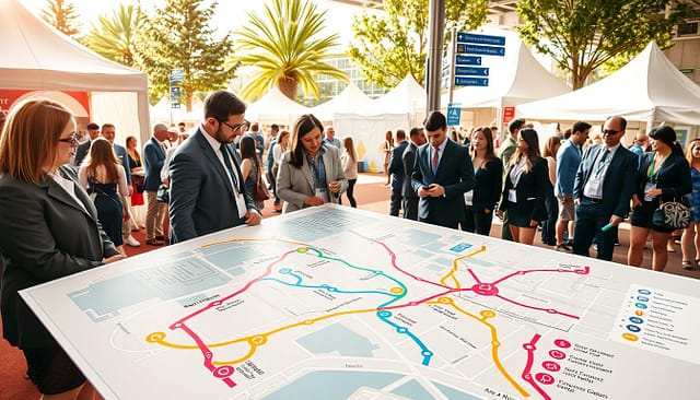 A detailed interactive wayfinding map designed for an event setting, prominently featuring clear pathways, key entrances, and accessibility information for ADA compliance. In the foreground, various colored lines indicate different routes with vibrant icons representing amenities like restrooms, food stalls, and information booths. The middle section depicts a diverse group of attendees in professional business attire examining the map, highlighting engagement and teamwork. The background includes a lively event atmosphere with tents, trees, and directional signs, all bathed in warm, natural lighting suggesting a sunny day. The angle captures both the map and attendees from a slight elevation, conveying a sense of organization and inviting exploration. The overall mood is energetic and informative, emphasizing clarity and accessibility. A detailed interactive wayfinding map designed for an event setting, prominently featuring clear pathways, key entrances, and accessibility information for ADA compliance. In the foreground, various colored lines indicate different routes with vibrant icons representing amenities like restrooms, food stalls, and information booths. The middle section depicts a diverse group of attendees in professional business attire examining the map, highlighting engagement and teamwork. The background includes a lively event atmosphere with tents, trees, and directional signs, all bathed in warm, natural lighting suggesting a sunny day. The angle captures both the map and attendees from a slight elevation, conveying a sense of organization and inviting exploration. The overall mood is energetic and informative, emphasizing clarity and accessibility.