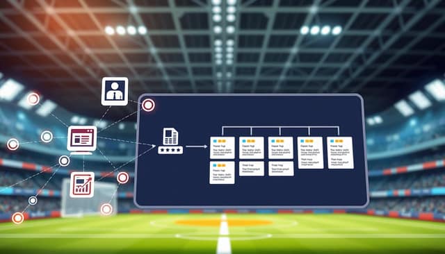 A dynamic digital illustration showcasing the concept of internal linking and schema markup for sports content. In the foreground, display interconnected web links represented as vibrant lines connecting sports-related icons like a game recap, photo gallery, and statistics page. In the middle, illustrate a well-structured schematic diagram featuring card-like representations for each sports content type, all placed on a sleek, modern background resembling a digital workspace. The background should feature subtle hints of a stadium or sports field in a soft focus, enhancing the theme. Use bright, engaging colors with a professional atmosphere, incorporating soft, ambient lighting to create depth. The angle should be slightly elevated, allowing a clear view of the interconnected elements, conveying the organized sophistication of effective content strategy. A dynamic digital illustration showcasing the concept of internal linking and schema markup for sports content. In the foreground, display interconnected web links represented as vibrant lines connecting sports-related icons like a game recap, photo gallery, and statistics page. In the middle, illustrate a well-structured schematic diagram featuring card-like representations for each sports content type, all placed on a sleek, modern background resembling a digital workspace. The background should feature subtle hints of a stadium or sports field in a soft focus, enhancing the theme. Use bright, engaging colors with a professional atmosphere, incorporating soft, ambient lighting to create depth. The angle should be slightly elevated, allowing a clear view of the interconnected elements, conveying the organized sophistication of effective content strategy.