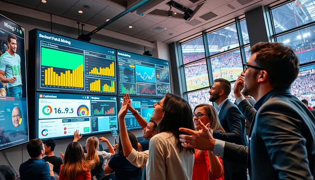 A dynamic scene showcasing a vibrant fan Q&A mining session in a modern, high-tech environment. In the foreground, a diverse group of fans, dressed in professional business attire, enthusiastically engage with large screens displaying real-time data and statistics, reflecting their excitement. The middle ground features well-designed dashboards filled with colorful charts and visualizations, highlighting key interactions and insights gathered from social media. The background reveals an energetic setting, with soft ambient lighting that creates a welcoming atmosphere, while large windows provide a glimpse of a lively sports event happening outside. The lens captures this engaging moment from a slightly elevated angle, emphasizing collaboration and communication. The mood is lively and positive, showcasing the joy of community participation and knowledge sharing. A dynamic scene showcasing a vibrant fan Q&A mining session in a modern, high-tech environment. In the foreground, a diverse group of fans, dressed in professional business attire, enthusiastically engage with large screens displaying real-time data and statistics, reflecting their excitement. The middle ground features well-designed dashboards filled with colorful charts and visualizations, highlighting key interactions and insights gathered from social media. The background reveals an energetic setting, with soft ambient lighting that creates a welcoming atmosphere, while large windows provide a glimpse of a lively sports event happening outside. The lens captures this engaging moment from a slightly elevated angle, emphasizing collaboration and communication. The mood is lively and positive, showcasing the joy of community participation and knowledge sharing.