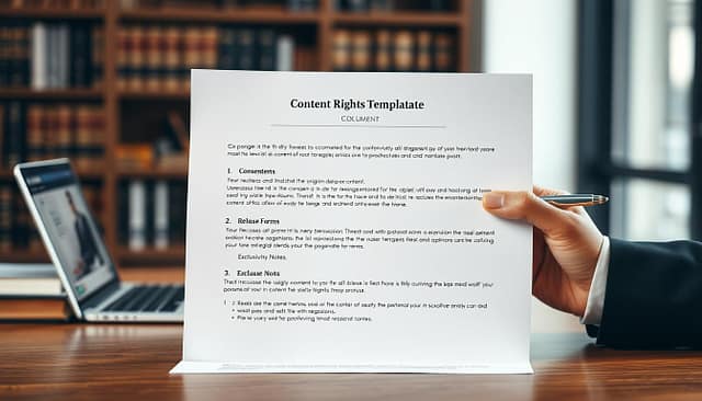 A legal document styled as a content rights request template, prominently displayed in the foreground with clear text sections labeled for "Consent," "Release Forms," and "Exclusivity Notes." The background features a professional office setting with blurred shelves of legal books and a laptop on a wooden desk, creating a formal atmosphere. Soft, natural lighting illuminates the scene, enhancing readability and emphasizing the seriousness of the subject. A pair of hands in professional business attire may be shown holding a pen, poised to sign the document. The overall mood is focused and diligent, reflecting the importance of legal clarity in the context of user-generated content. A legal document styled as a content rights request template, prominently displayed in the foreground with clear text sections labeled for "Consent," "Release Forms," and "Exclusivity Notes." The background features a professional office setting with blurred shelves of legal books and a laptop on a wooden desk, creating a formal atmosphere. Soft, natural lighting illuminates the scene, enhancing readability and emphasizing the seriousness of the subject. A pair of hands in professional business attire may be shown holding a pen, poised to sign the document. The overall mood is focused and diligent, reflecting the importance of legal clarity in the context of user-generated content.