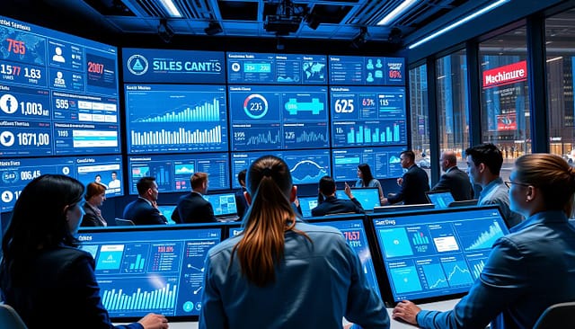 A modern marketing command center illuminated by cool blue and white lighting, showcasing a large digital dashboard filled with real-time data visualizations, graphs, and alerts. In the foreground, a diverse group of professionals in business attire, intensely focused on multiple screens displaying social media metrics, audience sentiment analysis, and live event statistics. In the middle ground, a large touchscreen interface features queries and thresholds, with data flowing in from various channels. The background highlights sleek, high-tech equipment and large windows overlooking a bustling urban environment, adding to the dynamic atmosphere. The overall mood is energetic and collaborative, reflecting a hub of activity and strategic planning. Lens angle captures the teamwork and focus within this high-stakes environment. A modern marketing command center illuminated by cool blue and white lighting, showcasing a large digital dashboard filled with real-time data visualizations, graphs, and alerts. In the foreground, a diverse group of professionals in business attire, intensely focused on multiple screens displaying social media metrics, audience sentiment analysis, and live event statistics. In the middle ground, a large touchscreen interface features queries and thresholds, with data flowing in from various channels. The background highlights sleek, high-tech equipment and large windows overlooking a bustling urban environment, adding to the dynamic atmosphere. The overall mood is energetic and collaborative, reflecting a hub of activity and strategic planning. Lens angle captures the teamwork and focus within this high-stakes environment.