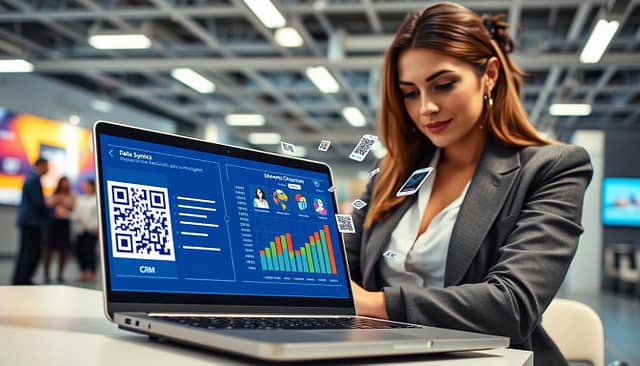 A modern office environment with a professional woman in business attire, focused on her laptop, displaying a QR code syncing interface. In the foreground, the laptop screen shows a vibrant, animated QR code and graphs illustrating data synchronization. The middle ground features a digital representation of a CRM platform with colorful data visualizations and tags floating around, suggesting deduplication and journey triggers. In the background, soft-focus images of a live event with people interacting using their smartphones to scan QR codes. The lighting is bright and clear, creating a motivating atmosphere, emphasizing productivity and modern technology. The angle is slightly tilted downwards, capturing the dynamic interaction between the user, the laptop, and the digital data landscape. A modern office environment with a professional woman in business attire, focused on her laptop, displaying a QR code syncing interface. In the foreground, the laptop screen shows a vibrant, animated QR code and graphs illustrating data synchronization. The middle ground features a digital representation of a CRM platform with colorful data visualizations and tags floating around, suggesting deduplication and journey triggers. In the background, soft-focus images of a live event with people interacting using their smartphones to scan QR codes. The lighting is bright and clear, creating a motivating atmosphere, emphasizing productivity and modern technology. The angle is slightly tilted downwards, capturing the dynamic interaction between the user, the laptop, and the digital data landscape.