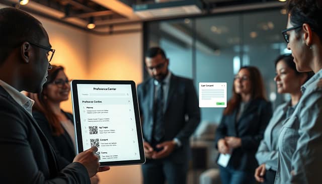 A modern office setting focused on consent and privacy best practices. In the foreground, a diverse group of professionals in business attire engage in a respectful discussion around a digital tablet displaying preference center options. The middle layer features clear illustrations of QR codes, age gates, and consent forms visually interpreted on a sleek screen. In the background, soft ambient lighting casts a warm glow over the room, creating a comfortable atmosphere. The scene conveys a sense of focus and professionalism, reflecting positive interactions centered on data privacy and user consent. A shallow depth of field blurs the background slightly, ensuring the subjects and their discussions remain the focal point. The overall mood is collaborative and transparent, emphasizing the importance of consent in digital experiences. A modern office setting focused on consent and privacy best practices. In the foreground, a diverse group of professionals in business attire engage in a respectful discussion around a digital tablet displaying preference center options. The middle layer features clear illustrations of QR codes, age gates, and consent forms visually interpreted on a sleek screen. In the background, soft ambient lighting casts a warm glow over the room, creating a comfortable atmosphere. The scene conveys a sense of focus and professionalism, reflecting positive interactions centered on data privacy and user consent. A shallow depth of field blurs the background slightly, ensuring the subjects and their discussions remain the focal point. The overall mood is collaborative and transparent, emphasizing the importance of consent in digital experiences.