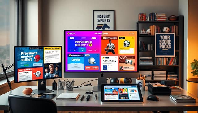 A sleek, modern workspace showcasing a variety of digital sports content templates. In the foreground, vibrant snippets of templates for previews, lineups, milestones, and final score packs are displayed on a high-resolution computer screen. Each template features dynamic colors, bold typography, and icons that reflect different sports. In the middle, a stylish desk cluttered with sports memorabilia and a digital tablet displaying additional templates creates a lively atmosphere. The background reveals a well-organized bookshelf filled with sports literature and a motivational poster. Soft, warm lighting highlights the workspace, creating an inviting ambiance. The scene conveys a sense of creativity and professionalism, perfect for marketers and content creators in the sports industry. A sleek, modern workspace showcasing a variety of digital sports content templates. In the foreground, vibrant snippets of templates for previews, lineups, milestones, and final score packs are displayed on a high-resolution computer screen. Each template features dynamic colors, bold typography, and icons that reflect different sports. In the middle, a stylish desk cluttered with sports memorabilia and a digital tablet displaying additional templates creates a lively atmosphere. The background reveals a well-organized bookshelf filled with sports literature and a motivational poster. Soft, warm lighting highlights the workspace, creating an inviting ambiance. The scene conveys a sense of creativity and professionalism, perfect for marketers and content creators in the sports industry.