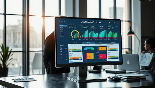 A smart content scheduler interface displayed on a sleek modern computer screen, set against a stylish office backdrop. In the foreground, intricate graphics display various scheduling rules, like quiet hours and frequency caps, represented as colorful charts and diagrams. The middle ground features a professional individual in business attire, intently analyzing the data on the screen, surrounded by an organized workspace with notes and a digital calendar. The background showcases large windows with natural light pouring in, creating a bright and productive atmosphere. The mood is focused and innovative, suggesting the efficiency of automating sports content calendars. Soft shadows enhance depth, while a slight tilt angle emphasizes the sophistication of the technological tools used. A smart content scheduler interface displayed on a sleek modern computer screen, set against a stylish office backdrop. In the foreground, intricate graphics display various scheduling rules, like quiet hours and frequency caps, represented as colorful charts and diagrams. The middle ground features a professional individual in business attire, intently analyzing the data on the screen, surrounded by an organized workspace with notes and a digital calendar. The background showcases large windows with natural light pouring in, creating a bright and productive atmosphere. The mood is focused and innovative, suggesting the efficiency of automating sports content calendars. Soft shadows enhance depth, while a slight tilt angle emphasizes the sophistication of the technological tools used.