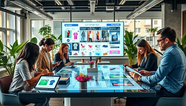 A vibrant and modern digital workspace showcasing social commerce checkout integrations. In the foreground, a diverse group of professionals dressed in smart casual attire collaborates around a sleek, high-tech table. They are engaged with digital devices displaying colorful product catalogs, shopping carts, and product tags. In the middle ground, a large interactive screen showcases link stickers and shop modules with dynamic visuals of shoppable clips, representing various products. In the background, a stylish, well-lit office environment filled with plants and contemporary decor emphasizes a lively and innovative atmosphere. Soft natural lighting enhances the scene, creating a welcoming mood. Capture it from a slightly elevated angle to provide a comprehensive view of the tech setup and teamwork in action. A vibrant and modern digital workspace showcasing social commerce checkout integrations. In the foreground, a diverse group of professionals dressed in smart casual attire collaborates around a sleek, high-tech table. They are engaged with digital devices displaying colorful product catalogs, shopping carts, and product tags. In the middle ground, a large interactive screen showcases link stickers and shop modules with dynamic visuals of shoppable clips, representing various products. In the background, a stylish, well-lit office environment filled with plants and contemporary decor emphasizes a lively and innovative atmosphere. Soft natural lighting enhances the scene, creating a welcoming mood. Capture it from a slightly elevated angle to provide a comprehensive view of the tech setup and teamwork in action.