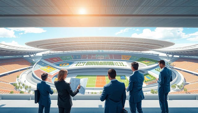 A vibrant illustration of the "nil co-creation sports season architecture," showcasing a dynamic sports facility design. In the foreground, professional individuals dressed in business attire engage in a strategic discussion, analyzing blueprints and digital models of various seasonal sports programs. The middle features a sleek, modern arena with visually distinct zones representing preseason kits, high-energy rivalry week, thrilling playoffs, and relaxed off-season areas filled with greenery. The background displays a clear sky with gentle sunlight illuminating the scene, enhancing the energetic yet collaborative atmosphere. The angle captures the expansive view of the facility, emphasizing the harmony between the architecture and the people. The mood conveys excitement and innovation, reflecting the evolving landscape of sports co-creation. A vibrant illustration of the "nil co-creation sports season architecture," showcasing a dynamic sports facility design. In the foreground, professional individuals dressed in business attire engage in a strategic discussion, analyzing blueprints and digital models of various seasonal sports programs. The middle features a sleek, modern arena with visually distinct zones representing preseason kits, high-energy rivalry week, thrilling playoffs, and relaxed off-season areas filled with greenery. The background displays a clear sky with gentle sunlight illuminating the scene, enhancing the energetic yet collaborative atmosphere. The angle captures the expansive view of the facility, emphasizing the harmony between the architecture and the people. The mood conveys excitement and innovation, reflecting the evolving landscape of sports co-creation.