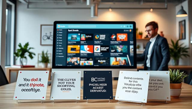 A well-organized and visually engaging workspace displaying a digital asset menu, showcasing a collection of quote cards and content derivatives. In the foreground, several stylish quote cards are neatly arranged, featuring colorful designs that evoke energy and creativity. The middle layer displays a computer screen with a user-friendly interface showcasing diverse content types like shorts, carousels, blogs, and GIFs. The background features a modern office setup, with soft, diffused lighting creating a warm and inviting atmosphere. A professional individual in business attire interacts with the screen, surrounded by digital tools and resources. The scene is captured from an angle that emphasizes both the asset menu and the engaging workspace ambiance, enhancing the sense of productivity and inspiration. A well-organized and visually engaging workspace displaying a digital asset menu, showcasing a collection of quote cards and content derivatives. In the foreground, several stylish quote cards are neatly arranged, featuring colorful designs that evoke energy and creativity. The middle layer displays a computer screen with a user-friendly interface showcasing diverse content types like shorts, carousels, blogs, and GIFs. The background features a modern office setup, with soft, diffused lighting creating a warm and inviting atmosphere. A professional individual in business attire interacts with the screen, surrounded by digital tools and resources. The scene is captured from an angle that emphasizes both the asset menu and the engaging workspace ambiance, enhancing the sense of productivity and inspiration.