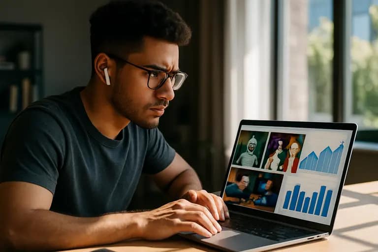 Streaming analytics dashboard on a laptop beside headphones and a notebook