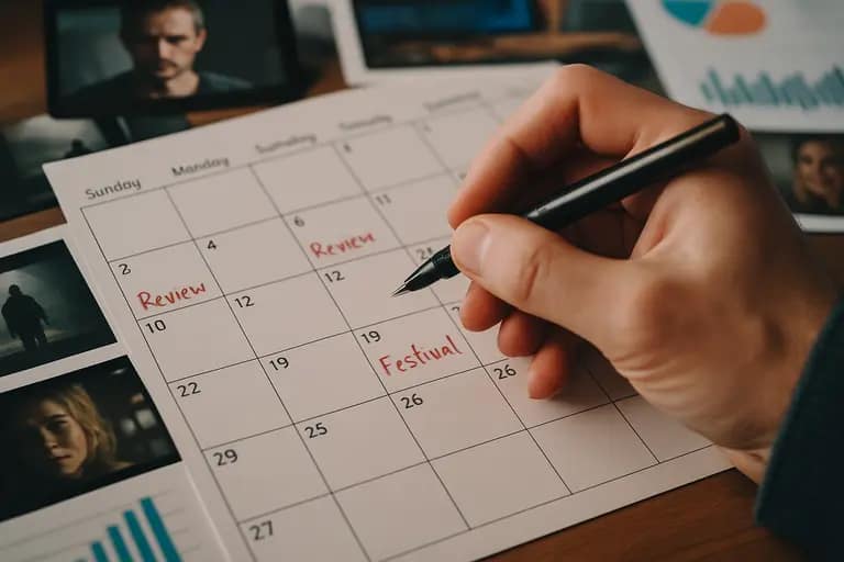 Editor marks a film calendar with review deadlines and festival dates
